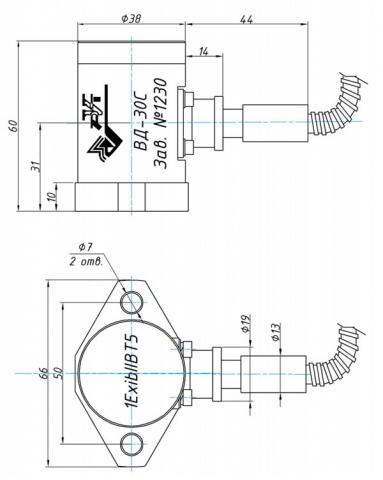  Рис.1. Габаритные и присоединительные размеры вибропреобразователя ВД-30