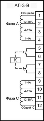 "Схема внешних подключений реле серии АЛ-3-В"